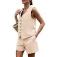 thumbnail image 3 of Women'S Summer 2 Piece Outfits Sleeveless Matching Sets Button Down V Neck Vest Waistcoat and Pockets Shorts S, 3 of 9