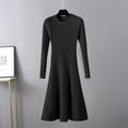 thumbnail image 2 of Womens Pleated Dress Women's Ribbed Knit Dress Long Sleeve Mock Neck Slim Fitting A-Line Flowy Fall Elegant Sweater Dresses S-174 Black One Size, 2 of 3