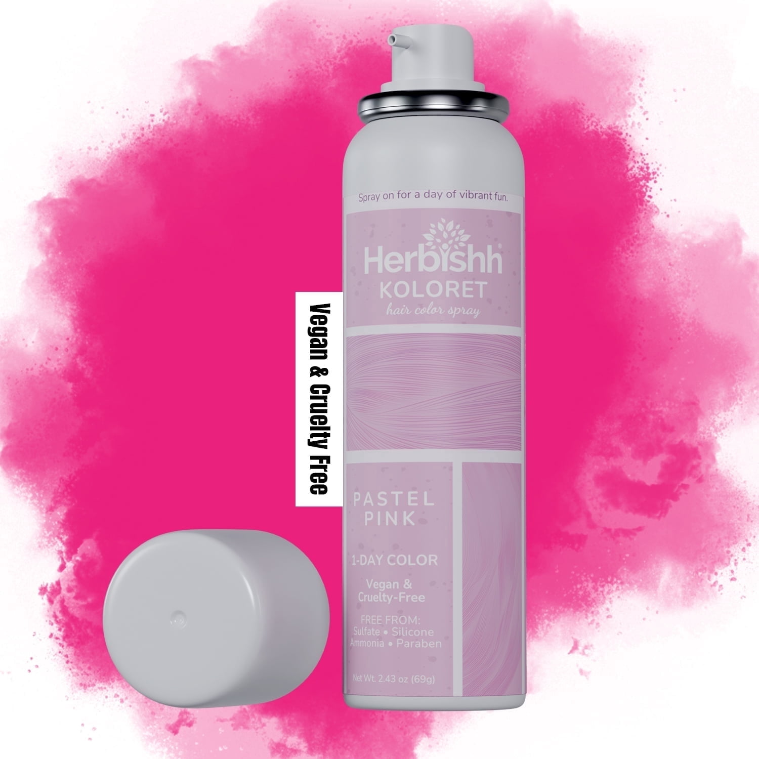 (2 pack) Herbishh Koloret Pastel Pink Hair Tint Spray (69g), Washable Temporary Color Mist for Light Hair, Quick-Dry, Non-Sticky Spray for Women, Travel-Friendly Root Touch Up