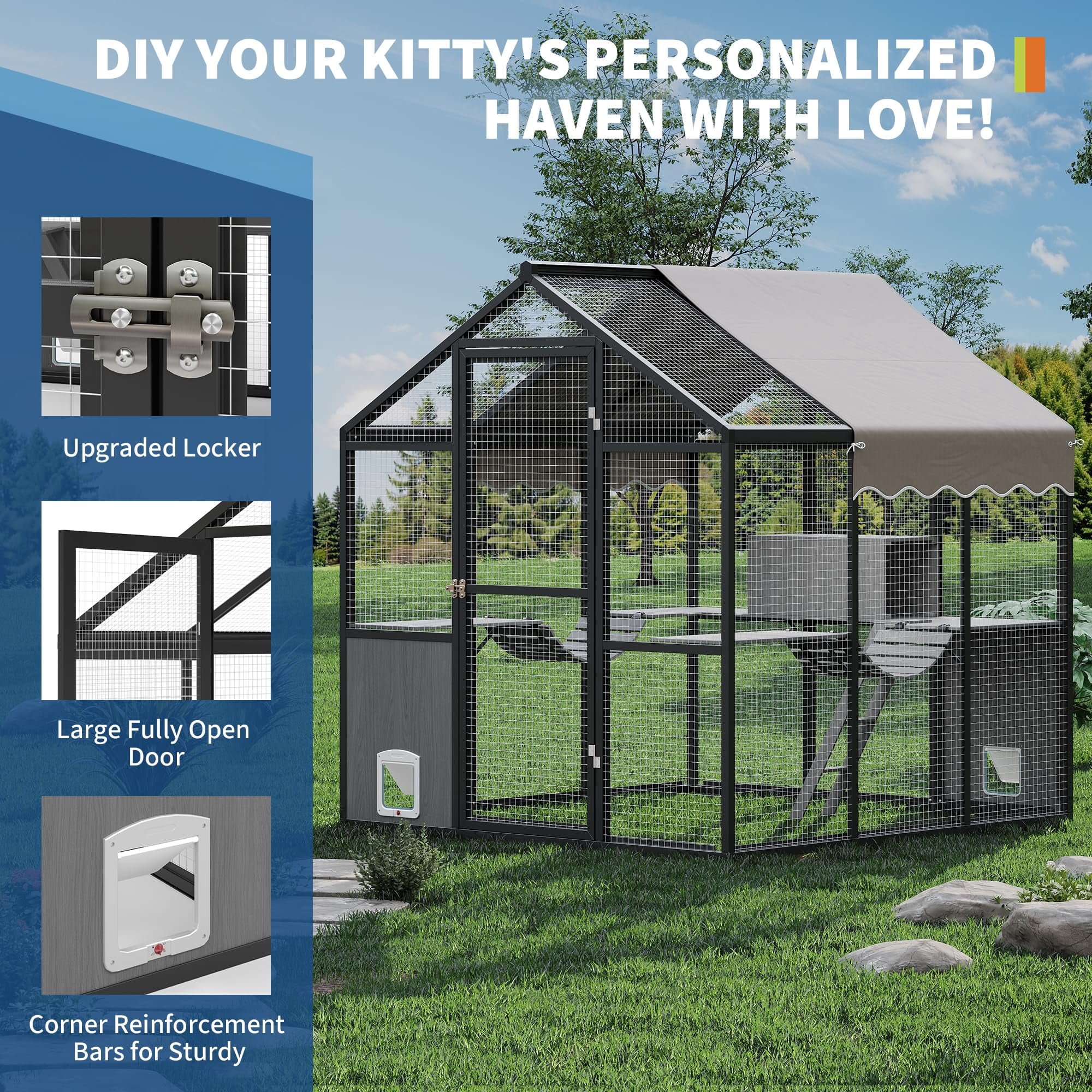 Extra Large Outdoor Catio Enclosure, Weatherproof UV-Proof Roof, Walk-in Cat Cage with Channels, Side Door, Platform & Huge Condo for Multiple Cats