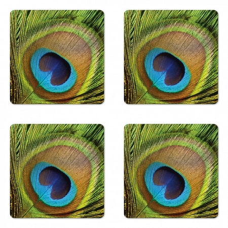 

Peacock Coaster Set of 4 Bird Feather Eye Shape Close up Picture Exotic Wildlife Themed Square Hardboard Gloss Coasters Standard Size Green Teal Mustard by Ambesonne