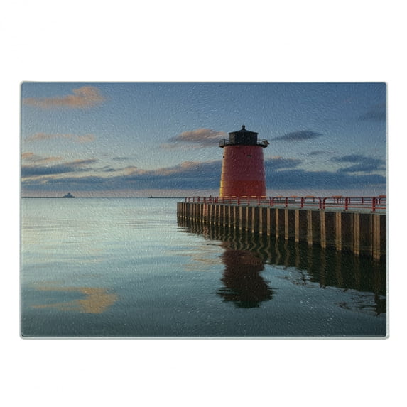 Wisconsin Cutting Board, Photo of Milwaukee Lighthouse at Sunrise Calm Water and Sky, Decorative Tempered Glass Cutting and Serving Board, in 3 Sizes, by Ambesonne