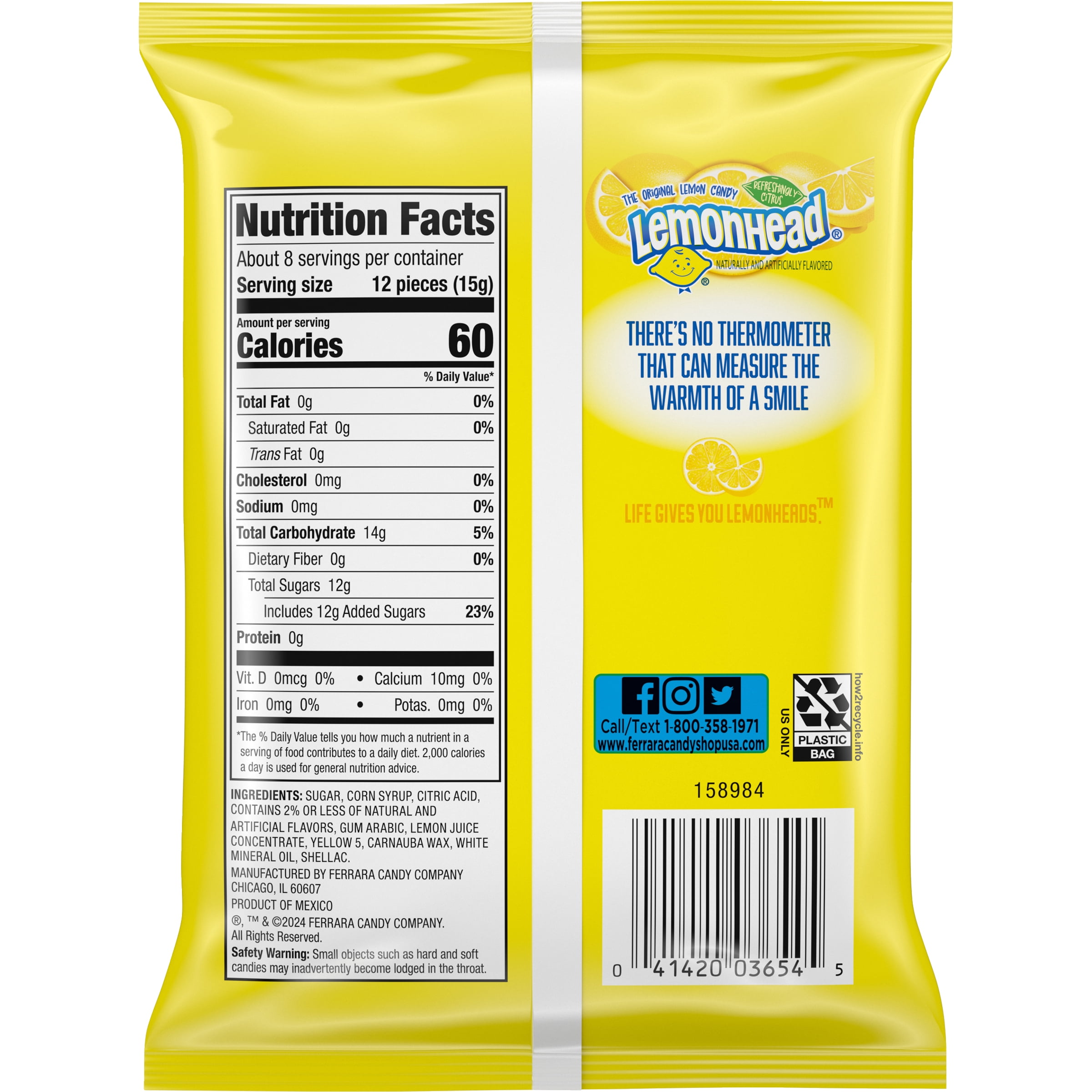 Lemonhead Lemon Sour Sugar Candies, 4.5 Ounce Peg Bag