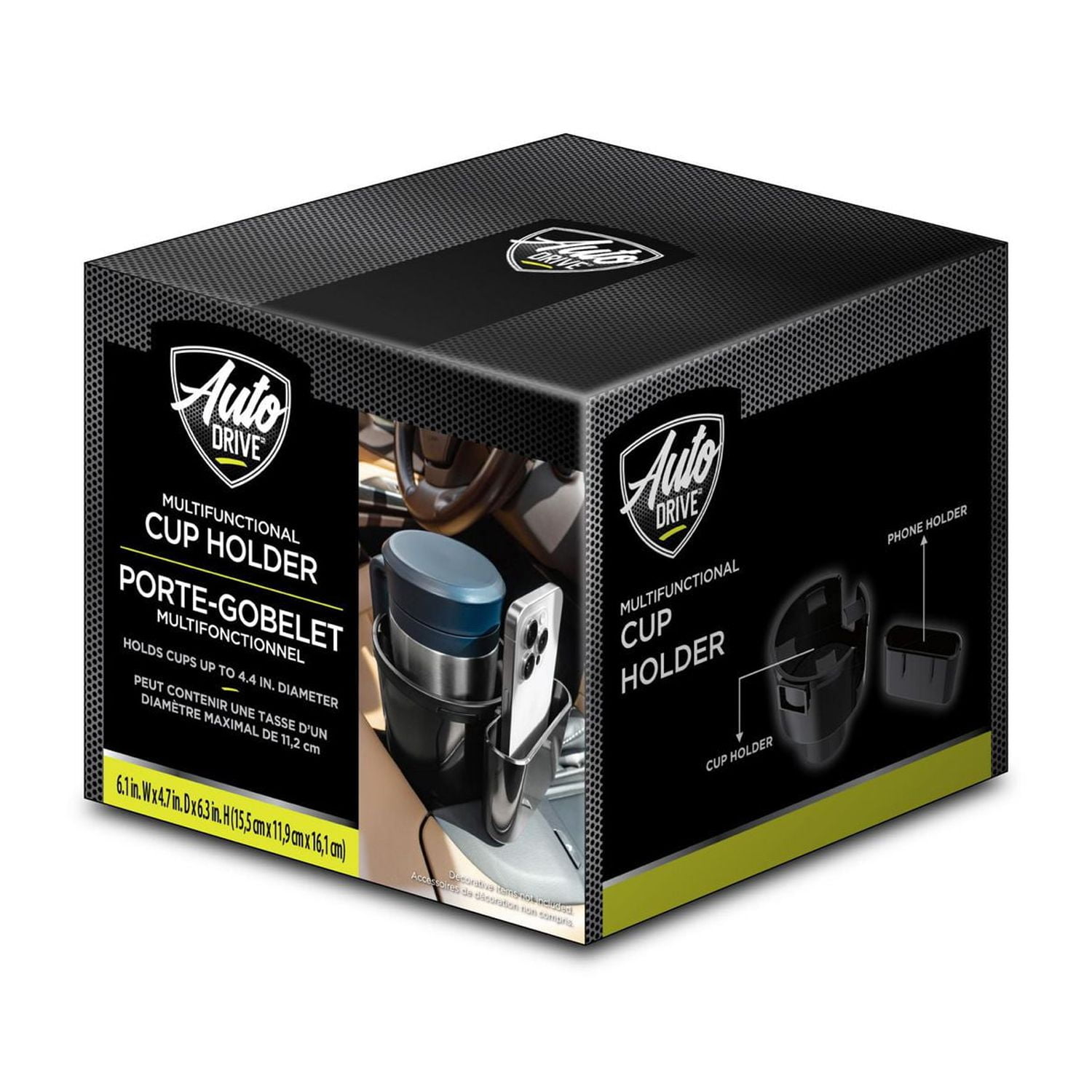 Auto Drive Cup Holder Fit Approx Diameter 4.3'' cups, with Phone Holder 1 Pack AD25C-15, 6.1'' * 6.34'', The cup holder with phone holder is universal fit on most car's console, the cup holder is in approx 4.25'' diameter, big enough to hold large water bottles and mugs, works with most popular brand of bottle which diameter up to 4.2", phone holder is universal fit for width less than 97mm.