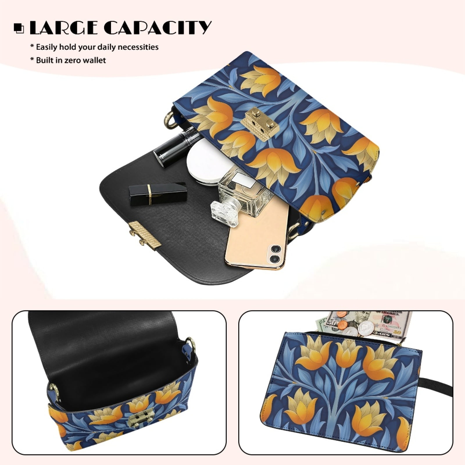 SCRAWLGOD Floral Print Yellow Blue Small Crossbody Purse, PU Leather Stylish Crossbody Bag, Stain Resistant Lightweight Cross Body Bag, Sling Bag with Purse for Women