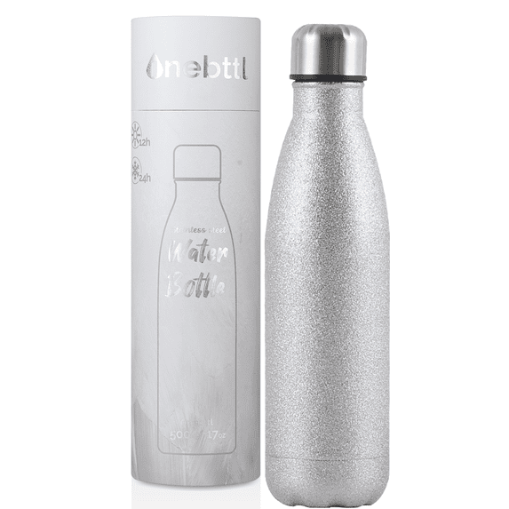 Onebttl 17 Ounce Stainless Steel Water Bottle, Leakproof Water Bottle, Double Wall Vacuum Insulated Thermal Bottle (17oz/500ml), Glitter silver