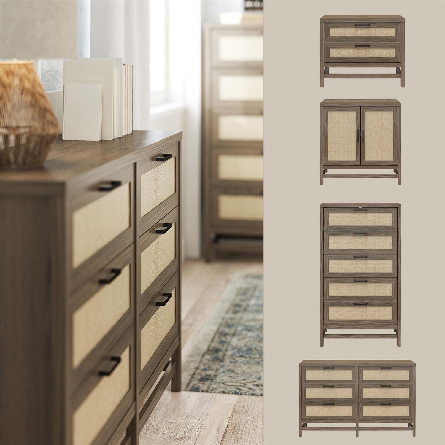 Lennon 6 Drawer Dresser, Medium Brown and Faux Rattan