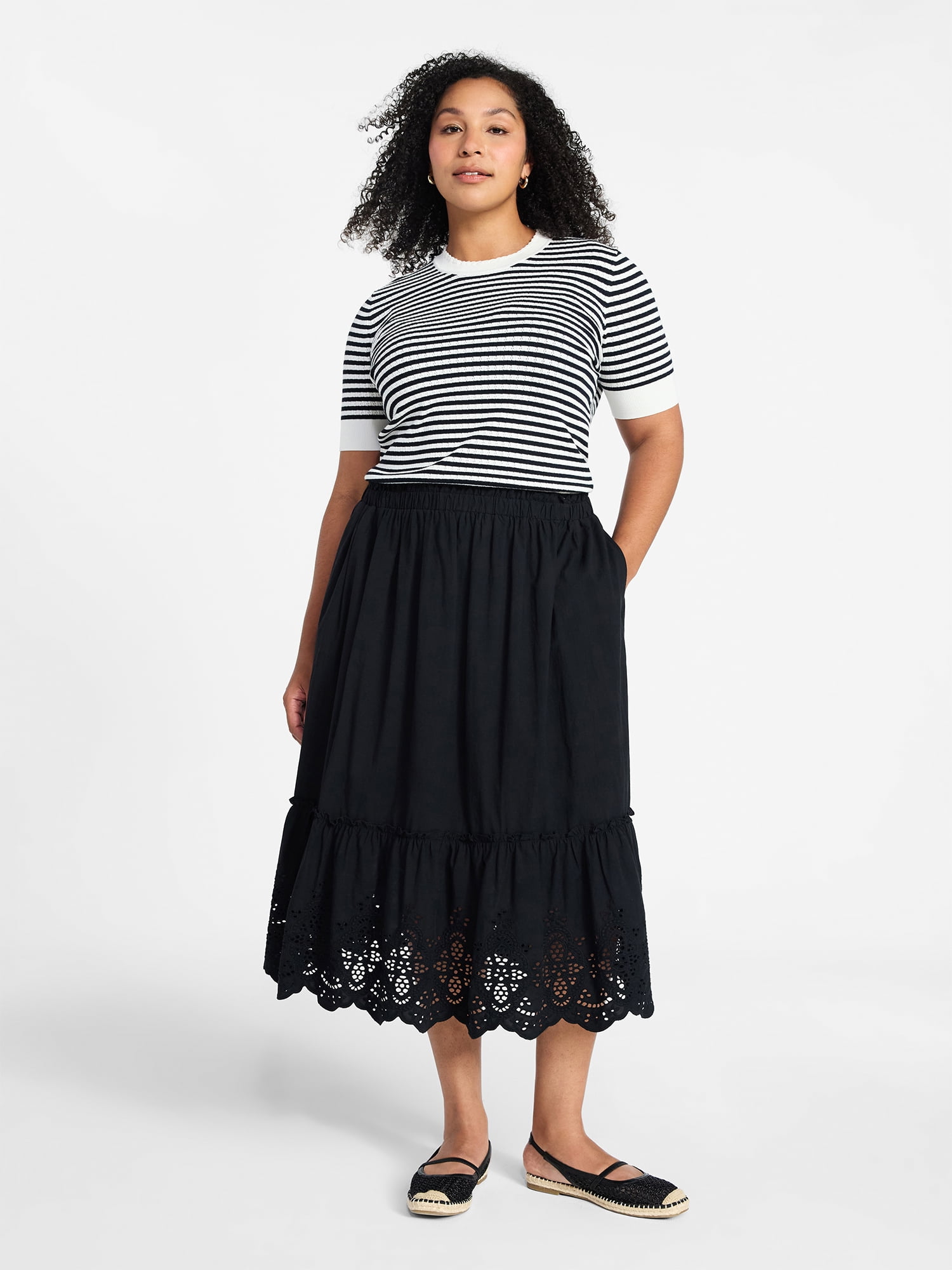 Time and Tru Women's Cotton Eyelet Hem Midi Skirt, Sizes XS-XXXL