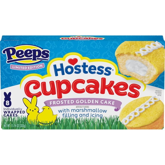 Hostess PEEPS Cupcakes, Frosted Golden Snack Cakes with Marshmallow Artificially Flavored Filling, 11.74 oz Box (8 Pouches)