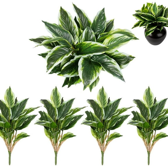 Tutuviw 4 Pcs Artificial Halcyon Hosta Perennial Greenery Plants 17.7in Faux Green Dieffenbachia Plant Greenery Aesthetic House Plants Shrubs for Outdoor Indoor Office Yard UV Resistant Planter Filler