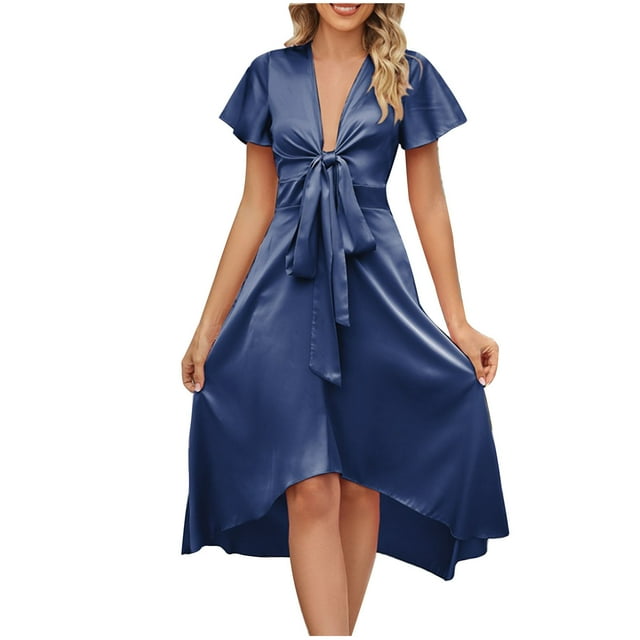 FAIWAD Robe d'Été en Satin pour Femme à Col en V, Manches Courtes, Laçage devant, Taille Haute, Ligne A, Cocktail, Soirée, Midi