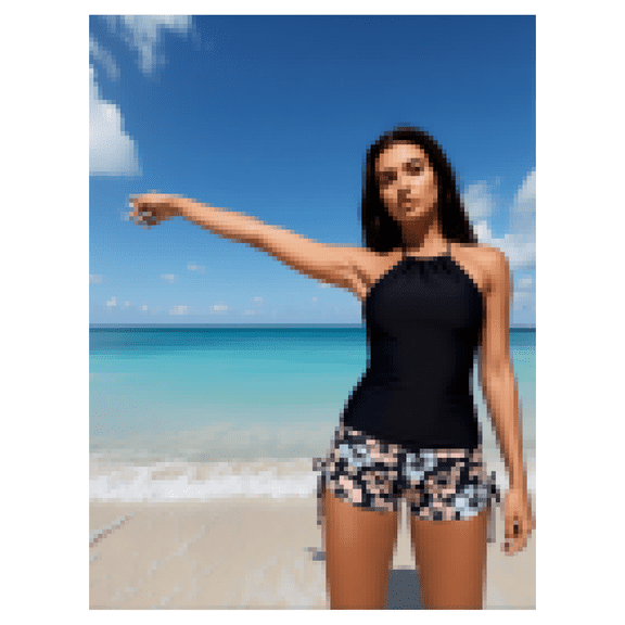 Tankini Swimsuit for Women Black Floral Halter Top with Shorts - Drawstring Swimwear Set, Modest Two Piece Bathing Suit for Beach, Pool, Vacation, Summer