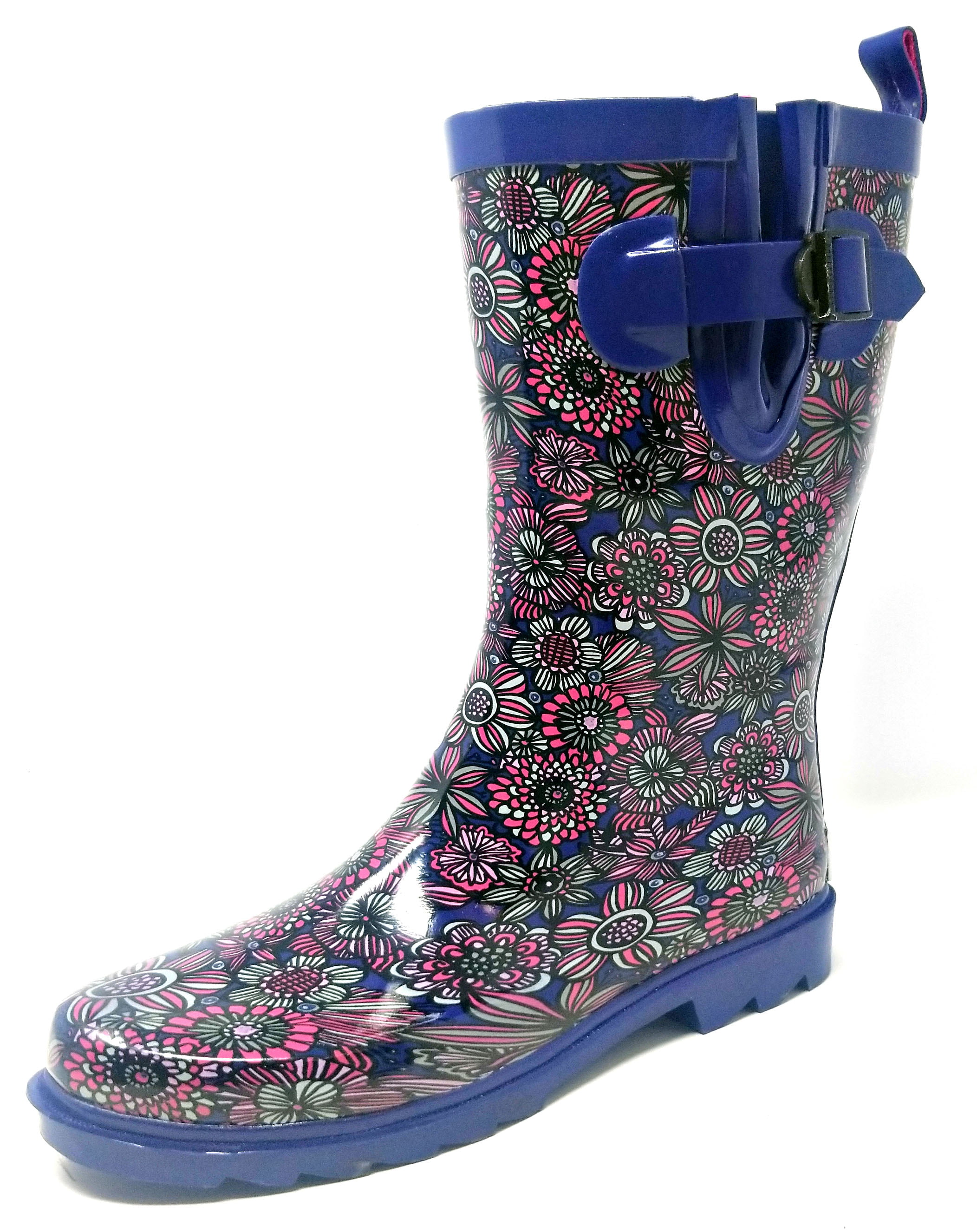 Women Rubber Rain Boots 11 Mid Calf Waterproof Garden Boots Blue Flowers Print