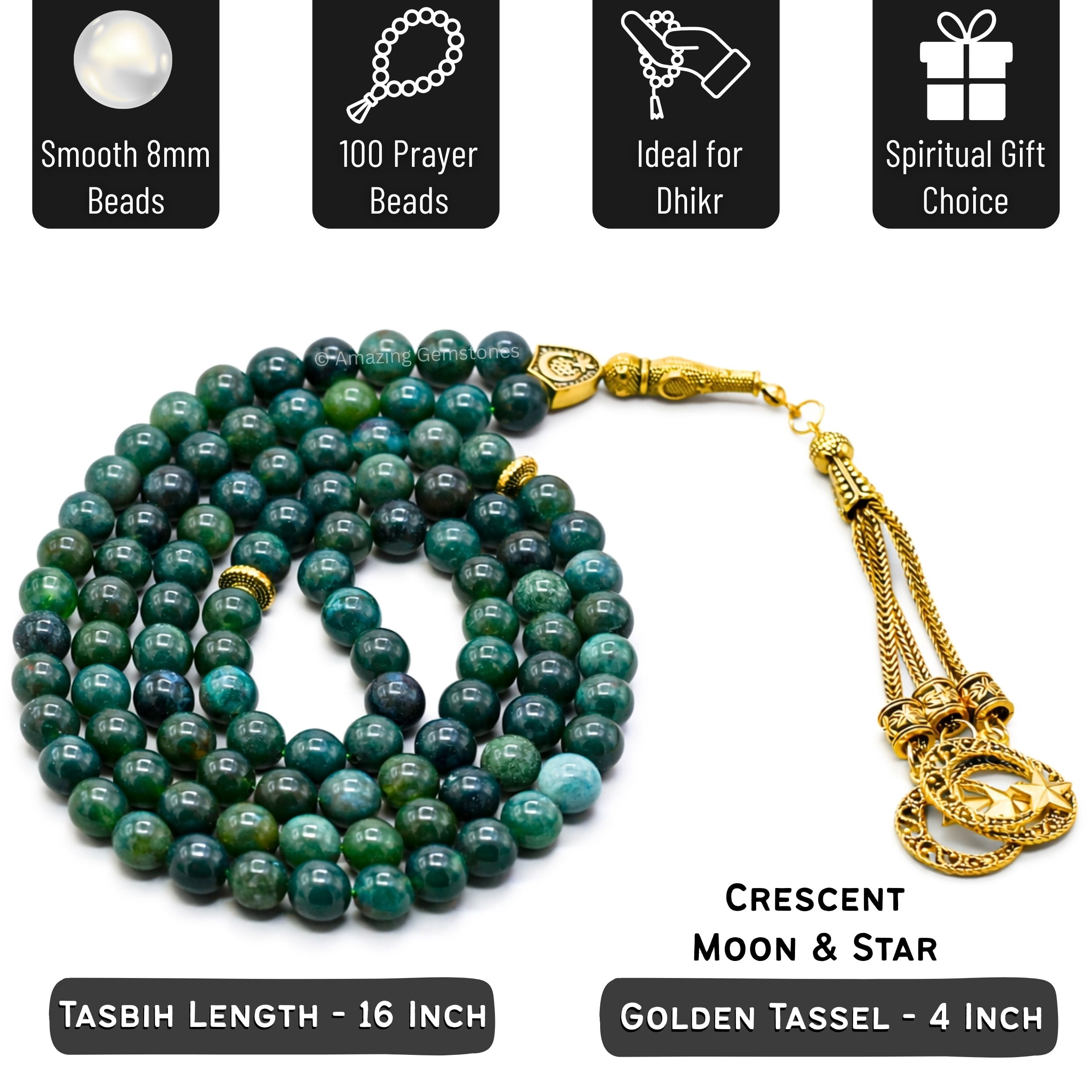 Moss Agate Crystal Tasbeeh Prayer Beads, Muslim Islamic Tasbih for Dhikr, Namaz and Ramadan Gift (Golden)
