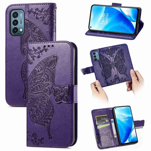Dteck for OnePlus Nord N200 5G 2021 Released Embossed Butterfly Flower Premium PU Leather [Folio Flip][Kickstand][Card Slots][Wrist Strap] Cover, Darkpurple Butterfly