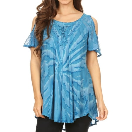 - Sakkas Filipa Womens Cold Shoulder Top Blouse Tie-dye with Corset and Embroidery - Sky Blue - One Size Regular