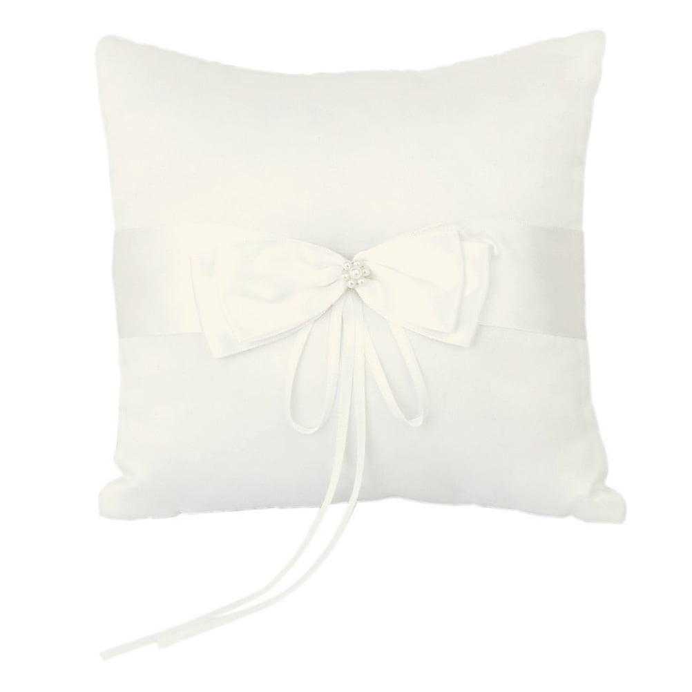 Ivory 10*10cm Wedding Ceremony Ring Bearer Pillow Cushion with Satin Double Bowknot Flower Faux Pearl 