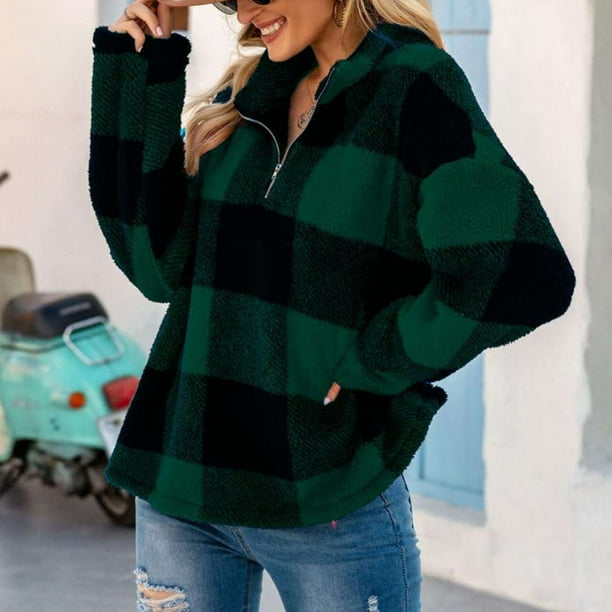 Puntoco, abrigo para mujer, moda para mujer, cálido cuello de tortuga, cremallera, estampado a cuadros, prendas de vestir exteriores informales de felpa, top, liquidación de Navidad Puntoco Puntoco-3432