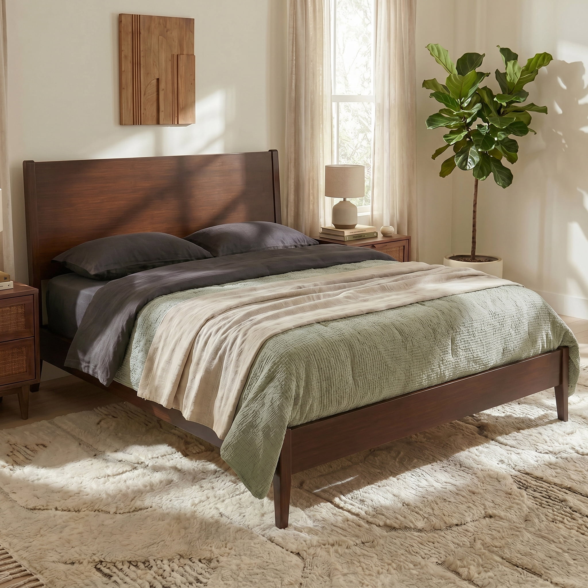 Euroco Bamboo Wood Platform Bed, Mid-Century Queen Size Bed, Chocolate