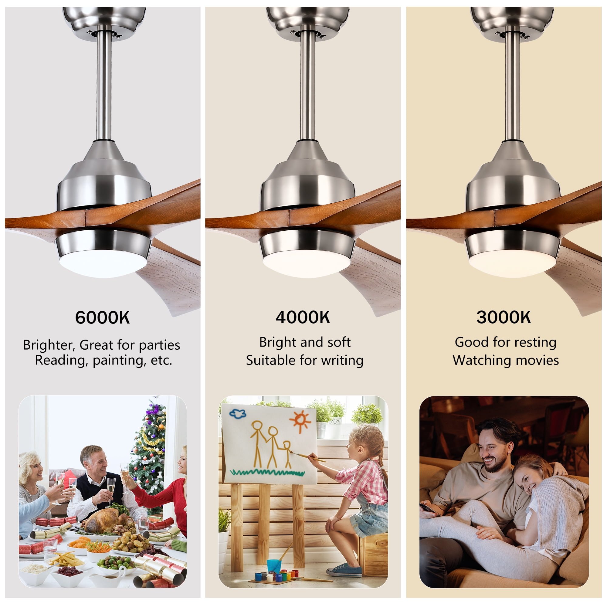 Ceiling Fan with Light, 52 Inch Solid Wood Blade Quiet Fan for Home Office Living Room, Stain Nickel