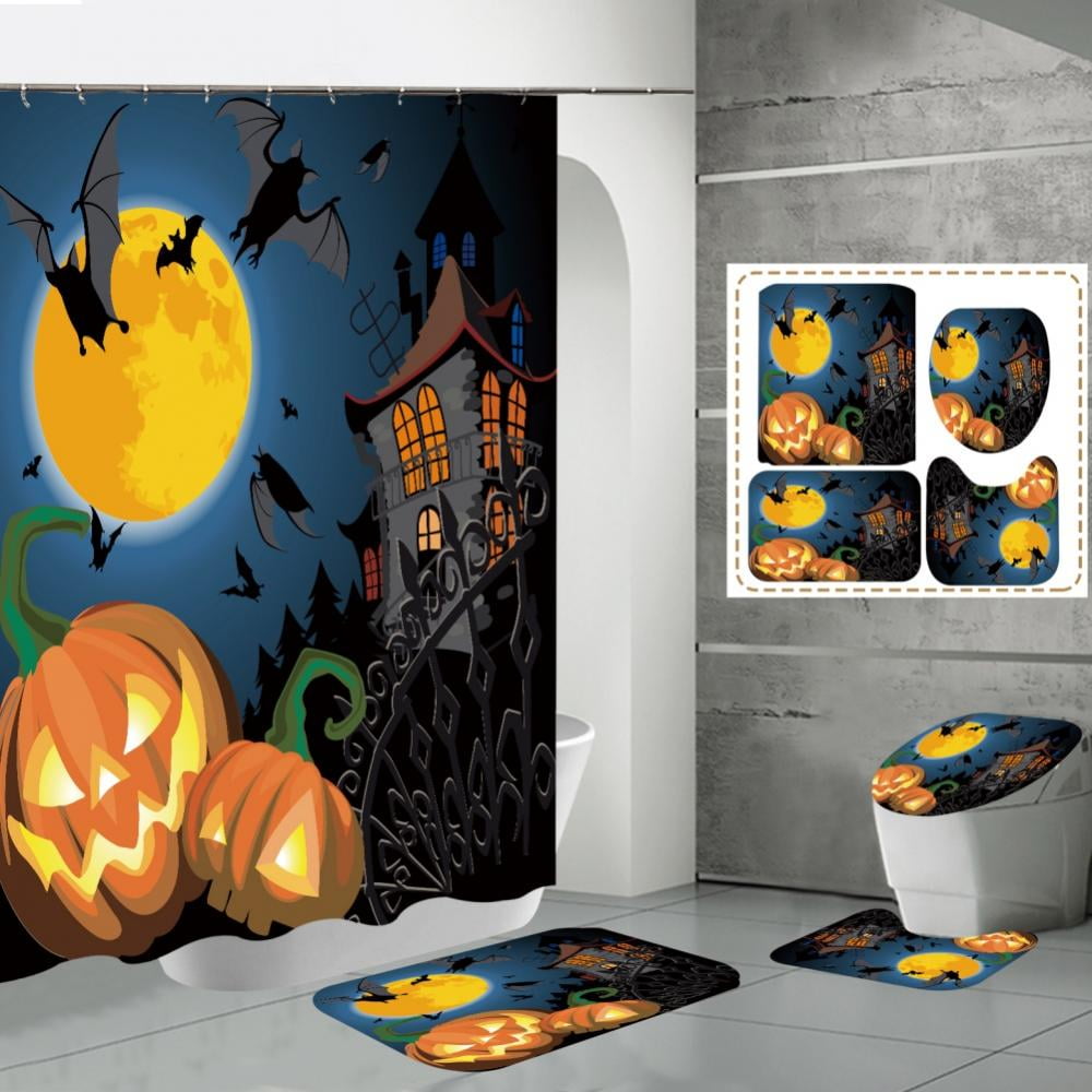 Halloween Shower Curtain Set 4 PCS Pumpkin 3D Printed Toilet Seat