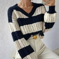 thumbnail image 2 of Women'S Cropped Sweater V-Neck Long Sleeve Fisherman Cable Pullover Knit Top Blue & White S, 2 of 7