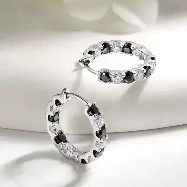 3.00Ct Round Cut Lab Created Black & White Diamond Engagement Women's Hoop Earrings 14K White Gold Plated Silver