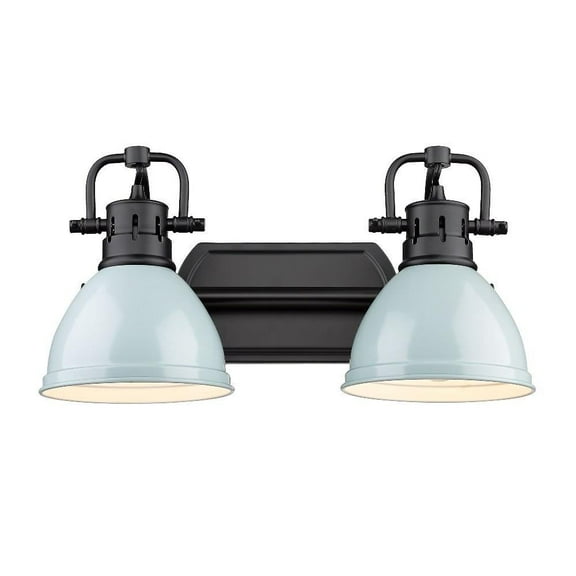 2 Light Vintage Industrial Bathroom Vanity in Aged Brass and Rubbed Bronze Shade-Matte Black Finish-Sea Foam Shade Color Bailey Street Home