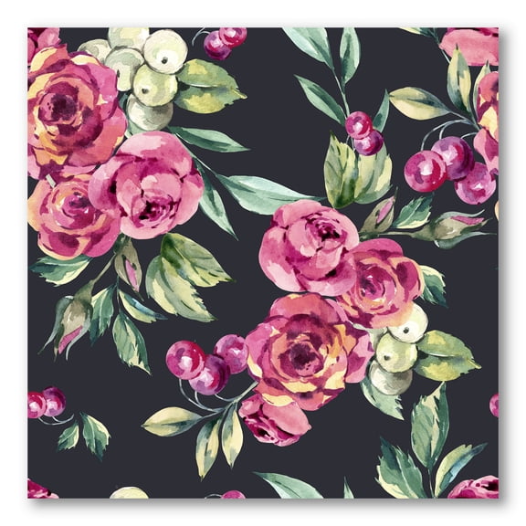 Designart ' Red VIntage Roses and Berries On Black Background ' Farmhouse Canvas Wall Art Print