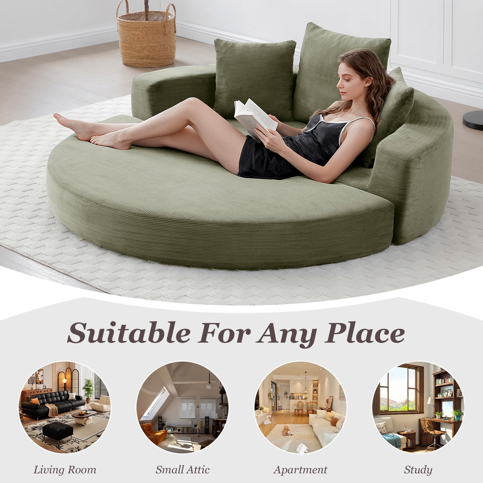 MOONMISS Convertible Sofa Couch Bed,Multi-Functional,Circular Bed,Adjustable Futon Sofa For Apartment Office Bedroom Living Room,Green
