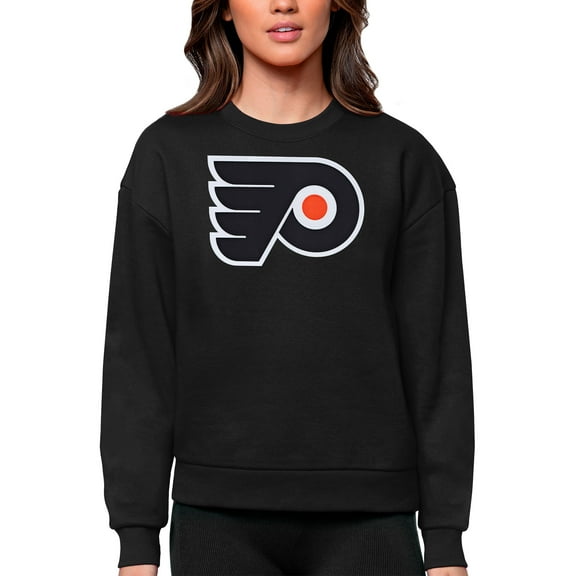 Women's Antigua Black Philadelphia Flyers Primary Logo Team Logo Victory Crewneck Pullover Sweatshirt