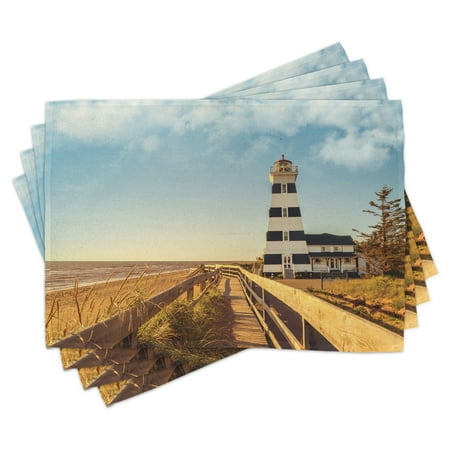

Lighthouse Placemats Set of 4 Sandy Coastal Beach with Lighthouse Sea Waves Wind Wooden Fence Pine Tree Clouds Washable Fabric Place Mats for Dining Room Kitchen Table Decor Multicolor by Ambesonne