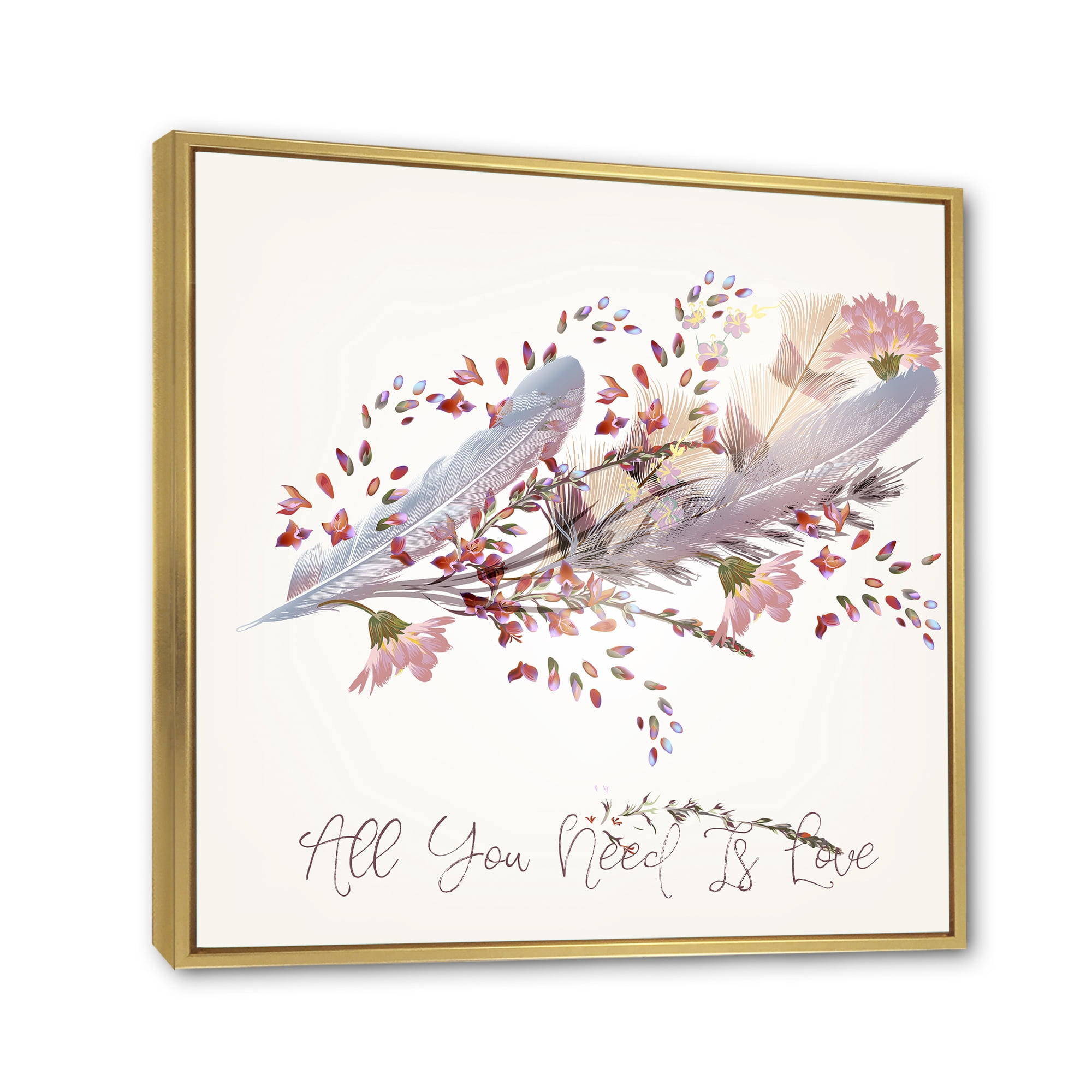 Designart 'Pink Feathers and Flowers All You Need Is Love' Bohemian & Eclectic Framed Canvas Wall Art Print