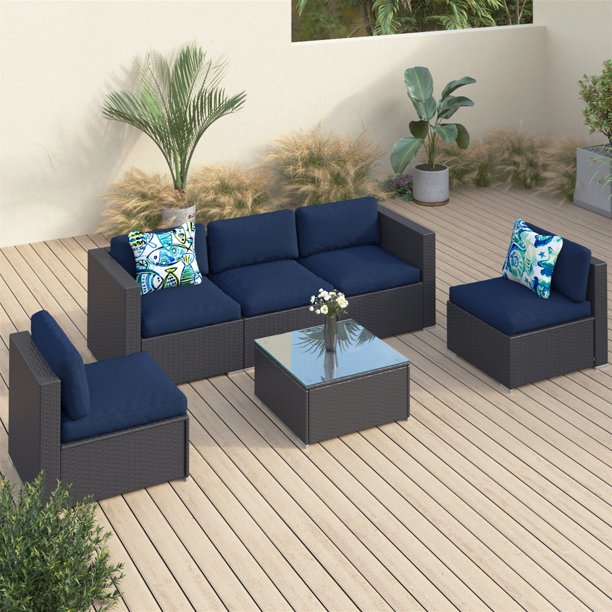 Mf Studio 6 Piece Patio Sofa Set Outdoor Furniture Sectional All Weather Wicker Rattan Navy Blue Com Mf Studio 6 Piece Patio Sofa Set, All Weather Rattan Sofa Set