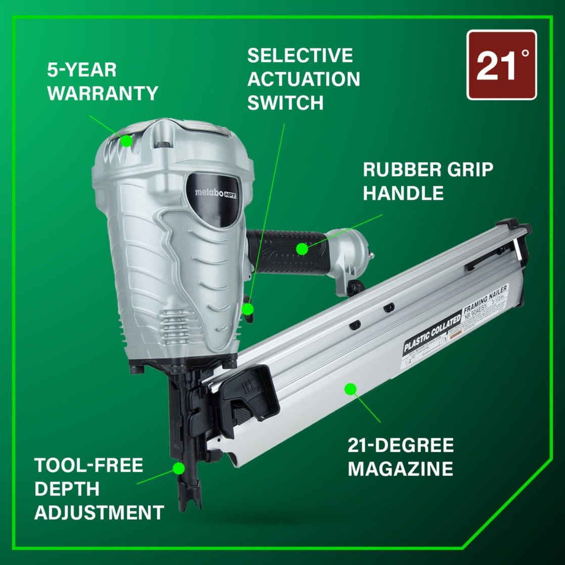 Metabo HPT Pneumatic Framing Nailer, 21-Degree, NR90AES1