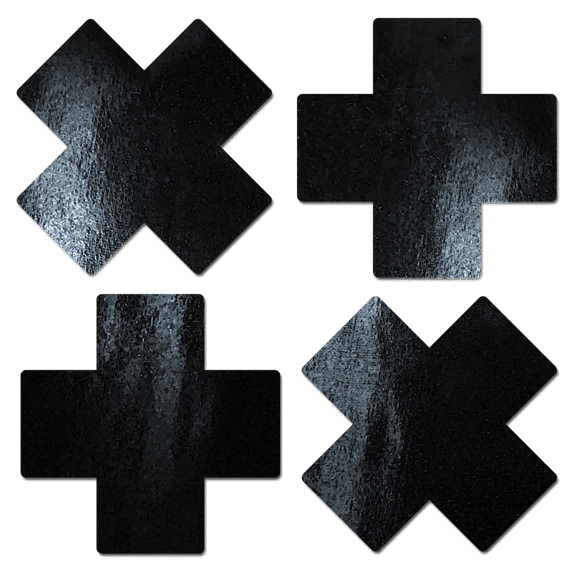 Petite Plus X: Two Pair of Small Black Faux Latex Pleather Vinyl Cross Nipple Pasties by Pastease®