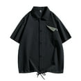 thumbnail image 2 of WREESH Men's Loose Casual Button Down Shirt Contrasting Pockets with Drawstring Hem, Short Sleeve Solid Print Black, 2 of 7