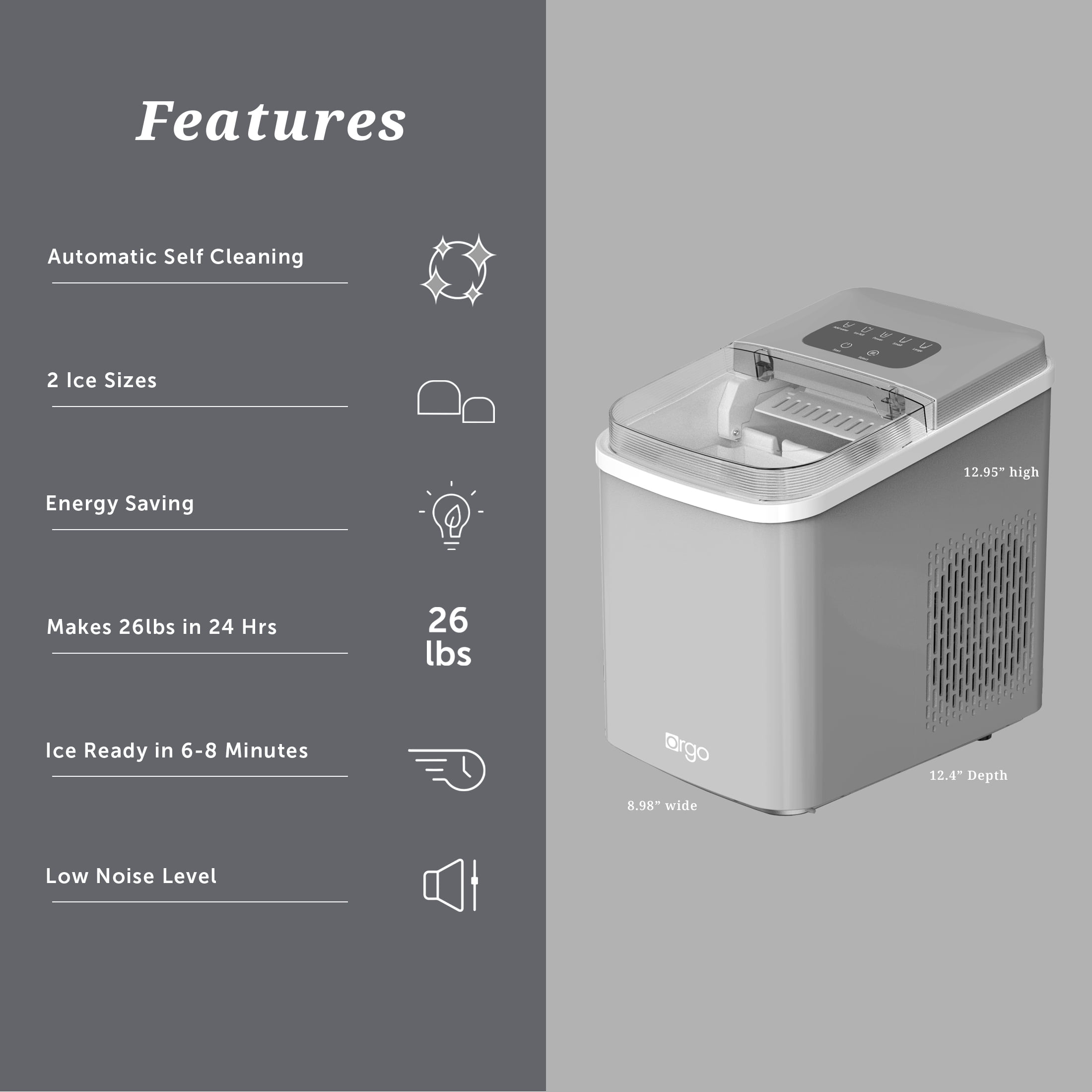 Orgo Products The Sierra Countertop Ice Maker, Bullet Shaped Ice Type, Charcoal