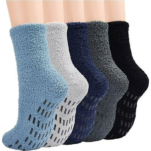 AMITOFO Fuzzy Socks Mens Soft Cozy Fluffy Slipper Socks Non Slip Grip Socks Winter Warm Plush Sleep Sock 5 Pairs , Size 6-12