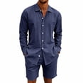 thumbnail image 2 of HBGVBA Men 2 Piece Outfit Long Sleeve Button Collared Shirt and Waist Elastic Shorts Set, 2 of 5