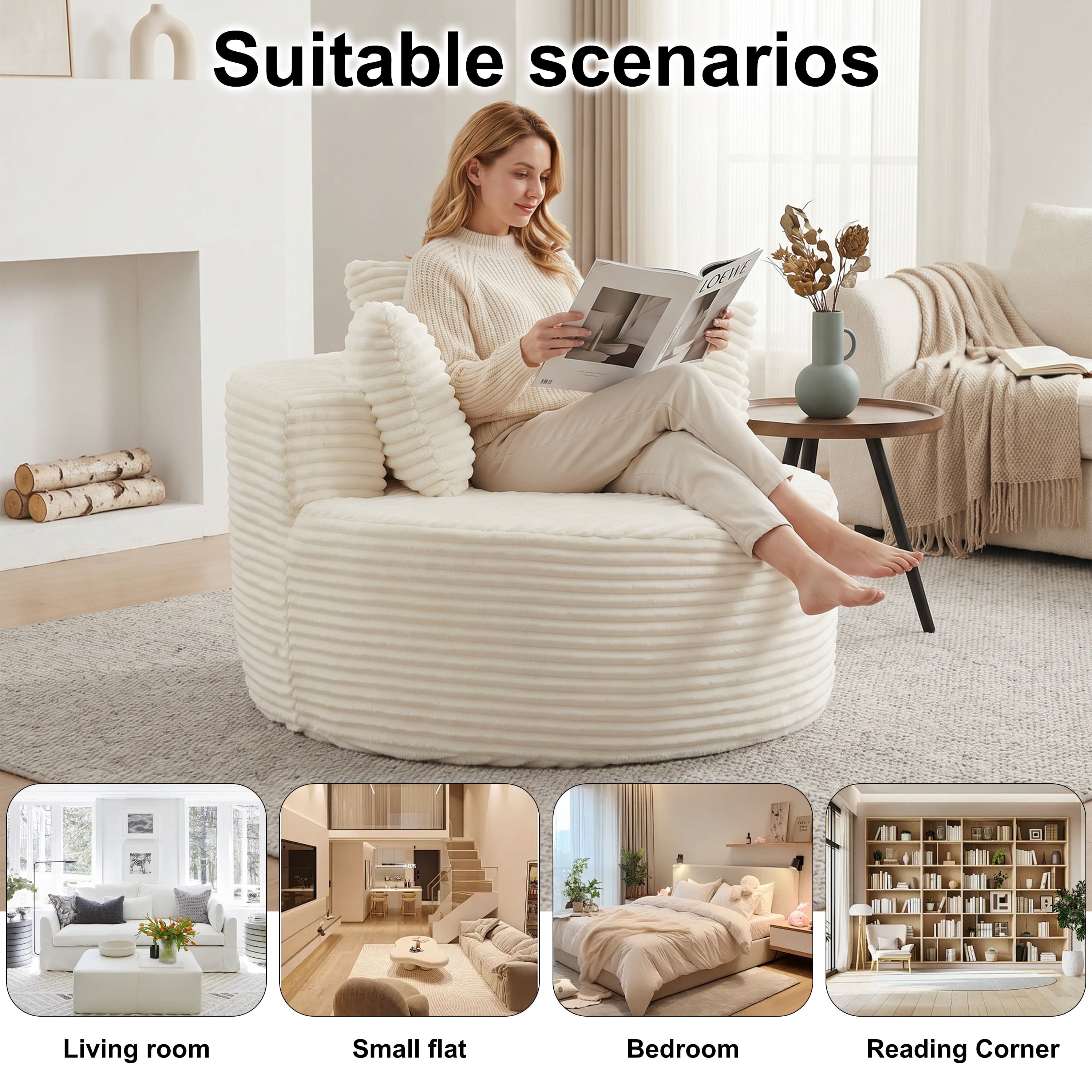43 Inch Round Corduroy Single Sofa Lounge Chair with 3 Pillows, Spring Coil Filled Compressed Shipment Minimalist Accent Chair for Bedroom Living Room Game Room Lounge
