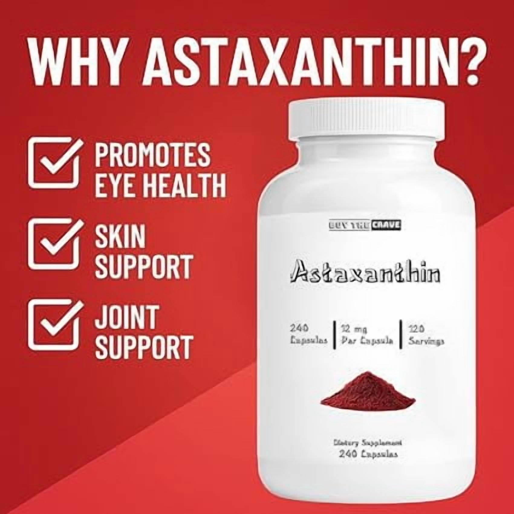 Buy The Crave Astaxanthin 12mg Extra Strength, Antioxidant Support, 240 Capsules (120 Servings), Gluten Free