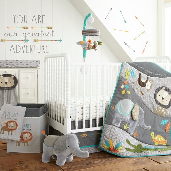 Levtex Baby - Zambezi Crib Set - Baby Nursery Set - Grey Yellow Orange Green Teal - Monkey Lion Elephant Tortoise Crocodile - 5 Piece Set: Quilt, Fitted Sheet, Diaper Stacker, Wall Decal, Dust Ruffle
