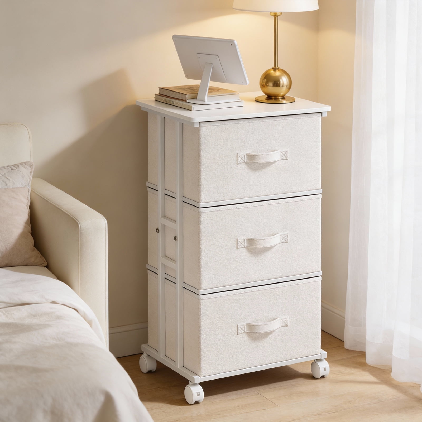 edx Rolling Nightstand with Wheels, 3 Drawer Fabric Storage for Bedroom, Entryway, Closets, Office, White