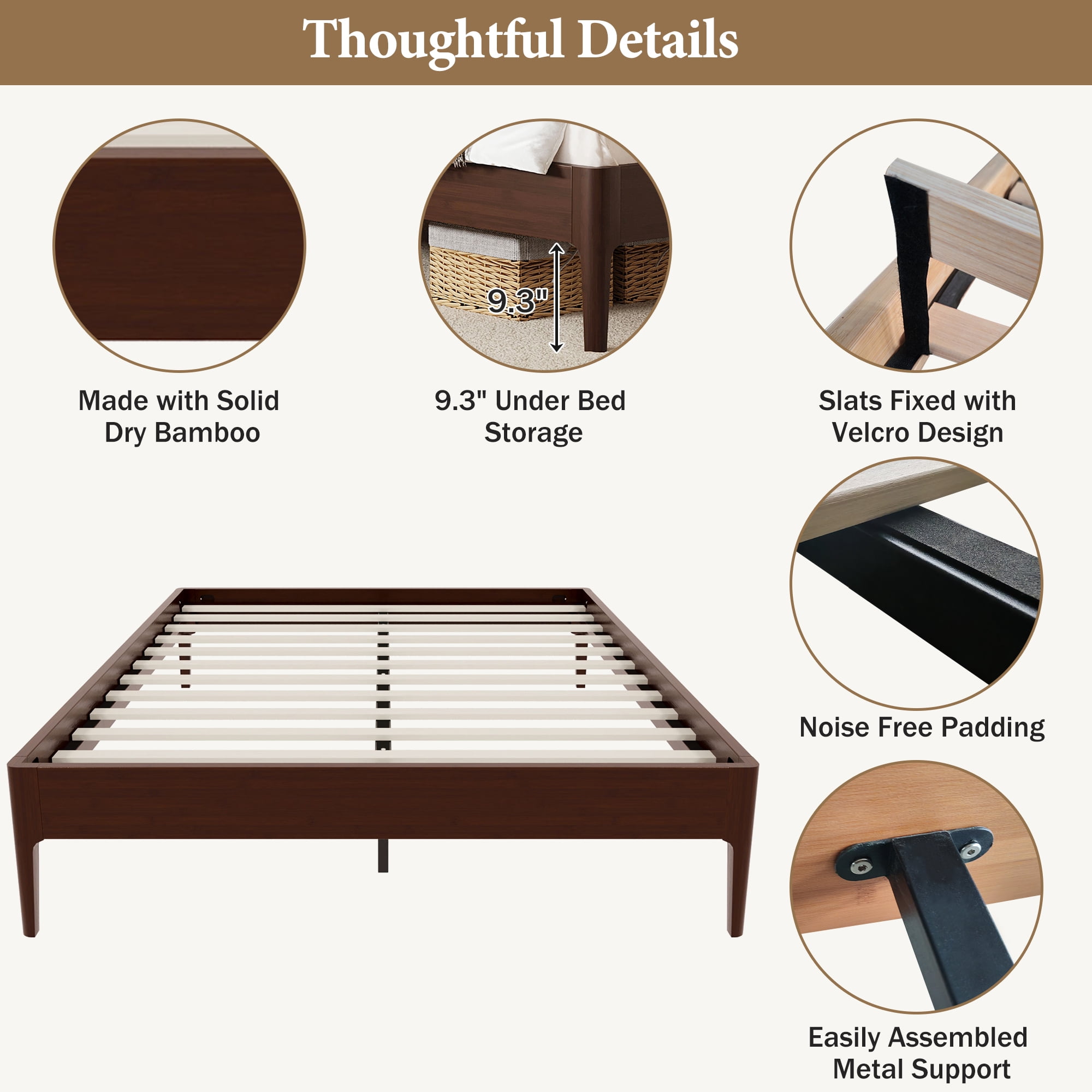 Euroco Bamboo Wood Platform Bed, Queen Size Minimalist Style Bed, Chocolate