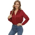 thumbnail image 3 of NeedBo Women's Blouse Satin Silk Button Down Shirts Casual Loose Long Sleeve Office Work Tunic Tops, Wine Red, 3 of 8