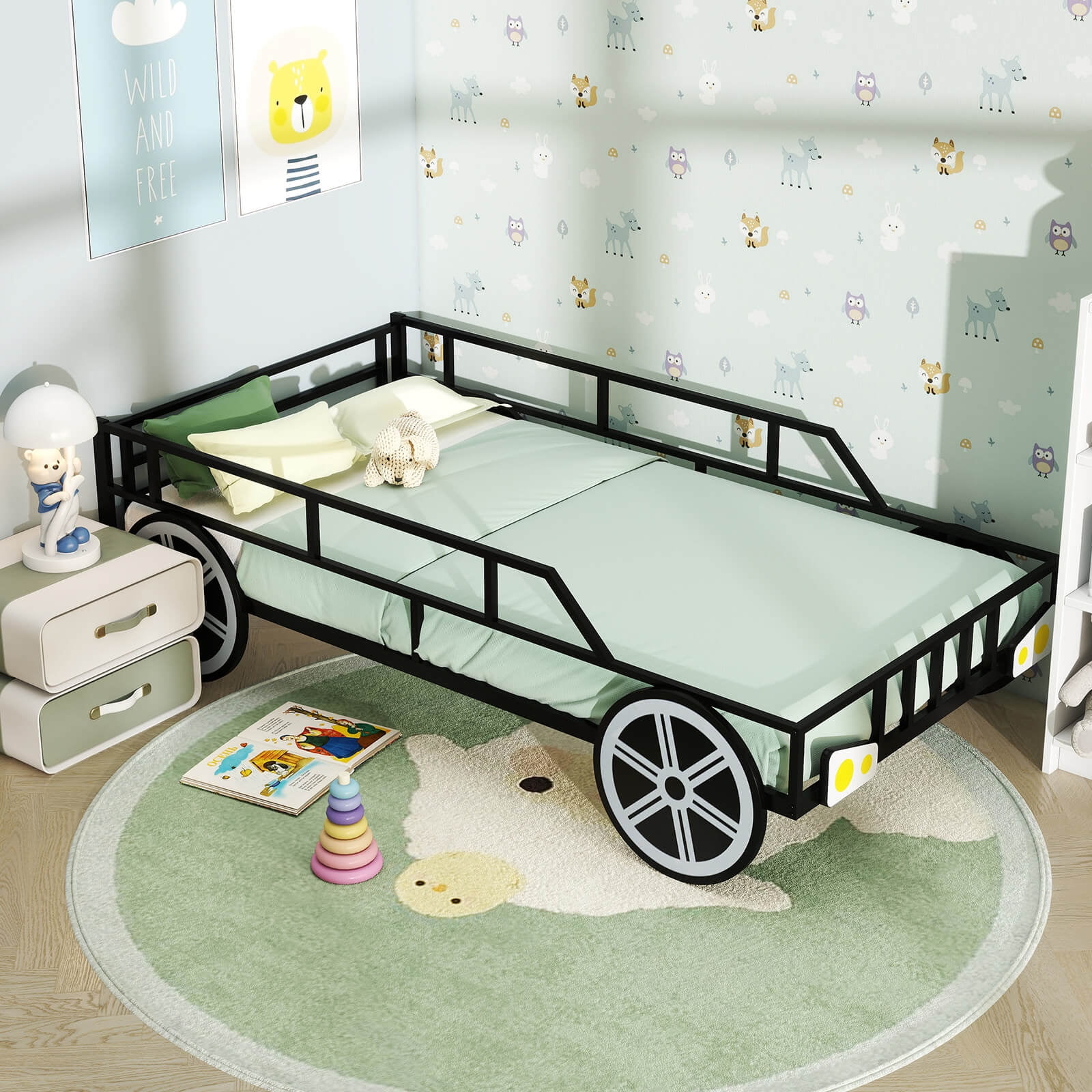 Costway Twin Car-Shaped Metal Bed Frame with Wheels Decorations Safety Guardrails