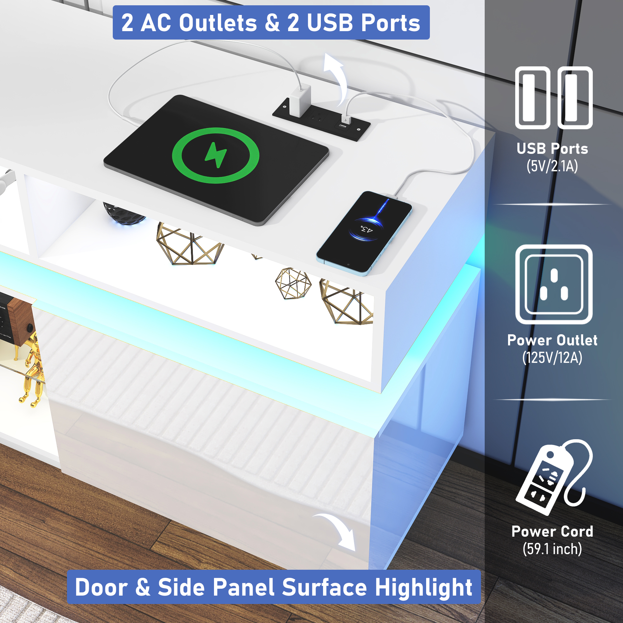 Chvans LED TV Stand for 80" TVs with Power Outlets, White photo 5