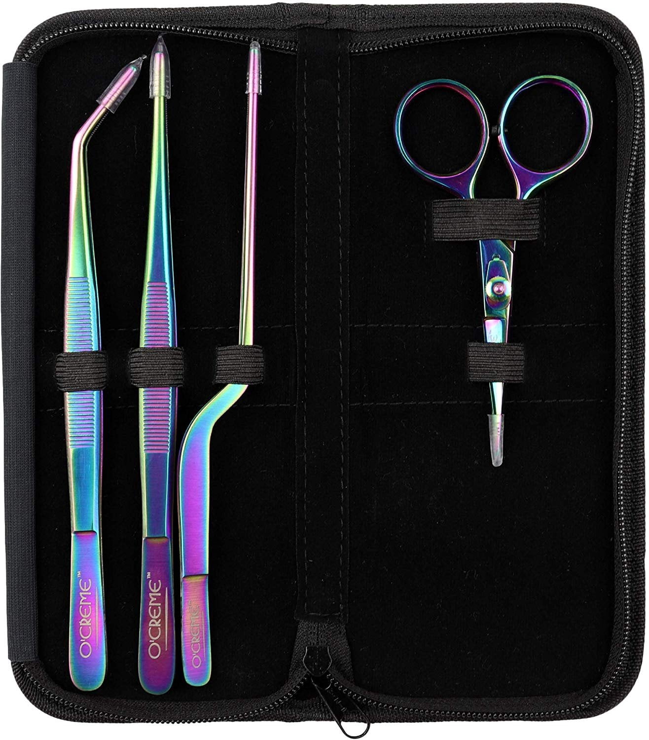 O'Creme Set of Culinary Tweezer Tongs 8 Inch Straight, 8 Inch Offset and 8 Inch Curved, Plus Super Sharp Chef Scissors, Total 4 Pieces Multicolored