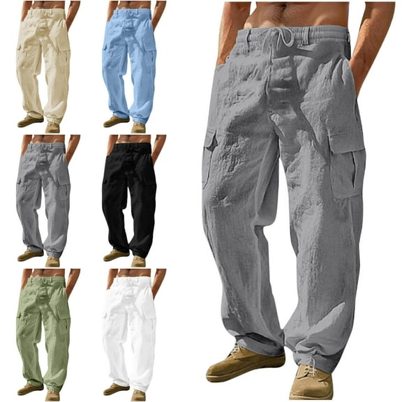 Xzbqbs Mens Cotton Linen Cargo Pants Casual Elastic Waist Drawstring Pants Loose Fit Summer Beach Yoga Travel Pants with Pocket